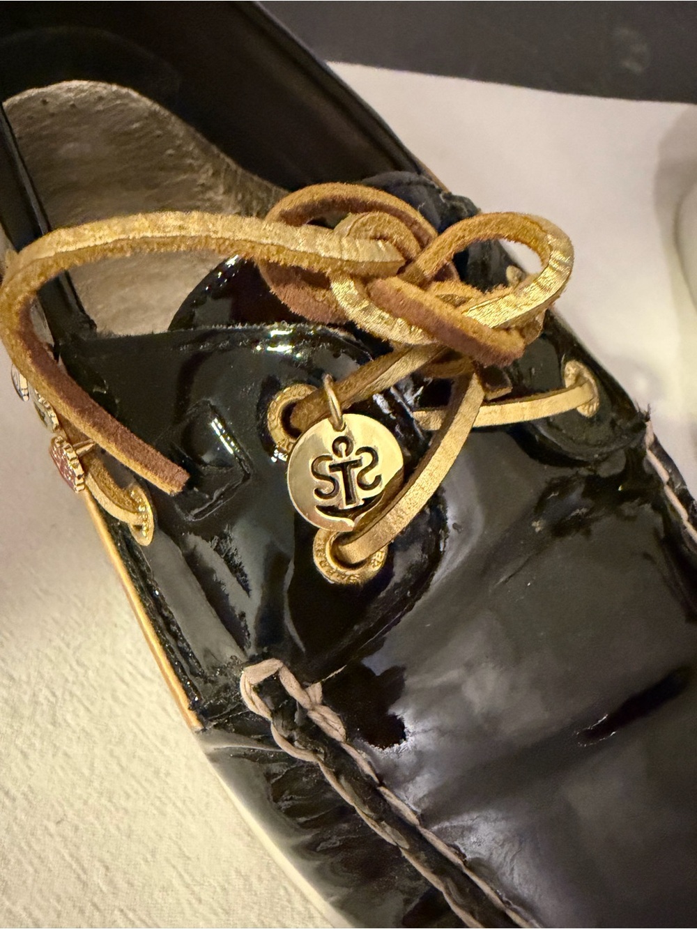 Sperry Authentic Original Black Patent Leather Boat Shoe with Charms